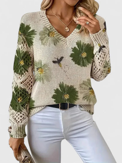 Elvira™ - Stickad Blommig Tröja